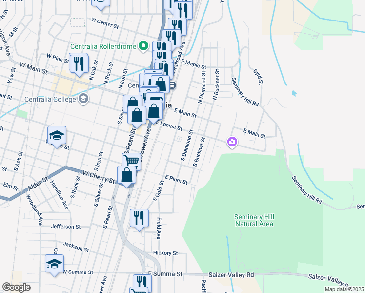 map of restaurants, bars, coffee shops, grocery stores, and more near 321 South Diamond Street in Centralia