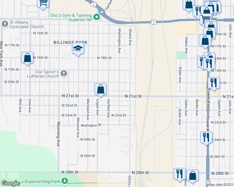 map of restaurants, bars, coffee shops, grocery stores, and more near 2604 North 21st Street in Superior