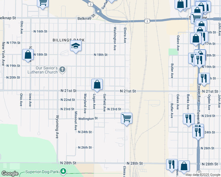 map of restaurants, bars, coffee shops, grocery stores, and more near 2604 North 21st Street in Superior