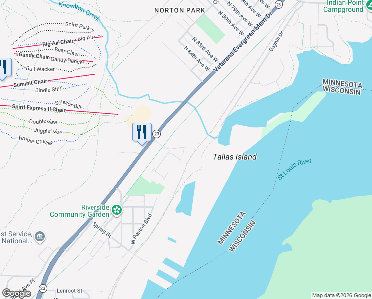 map of restaurants, bars, coffee shops, grocery stores, and more near Western Waterfront Trail in Duluth