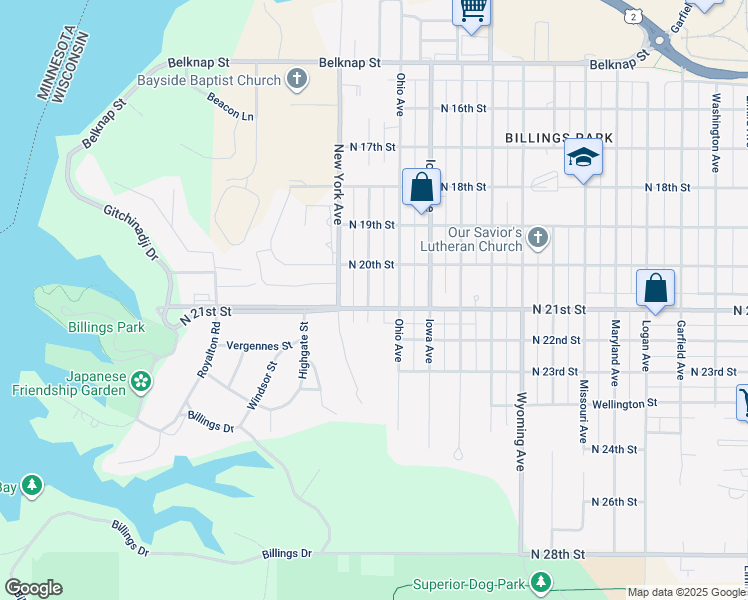 map of restaurants, bars, coffee shops, grocery stores, and more near 2009 Wisconsin Avenue in Superior