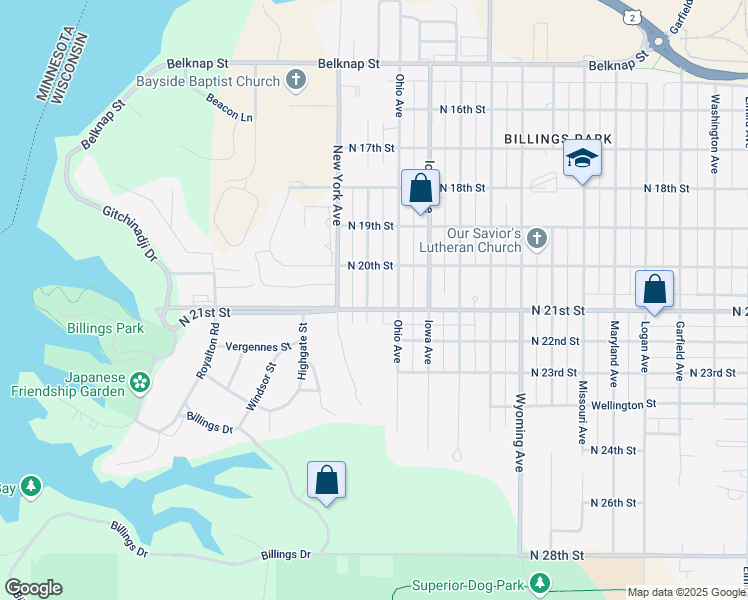 map of restaurants, bars, coffee shops, grocery stores, and more near 2009 Wisconsin Avenue in Superior