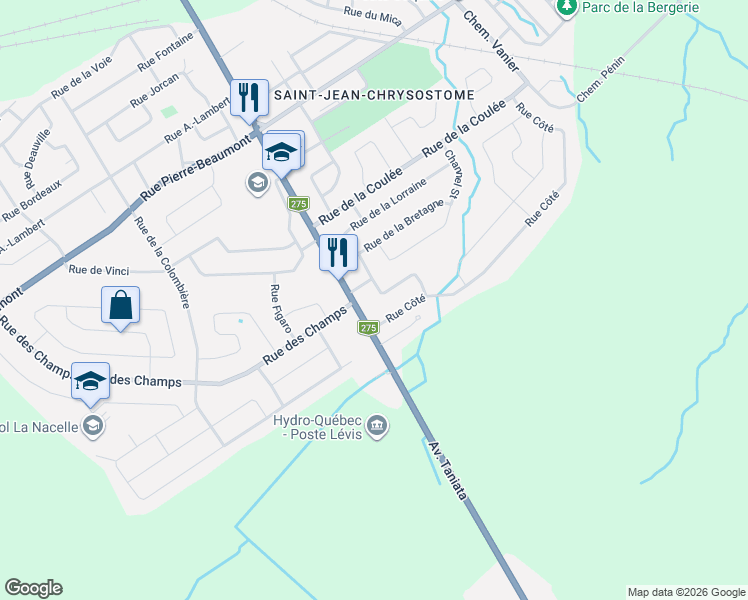 map of restaurants, bars, coffee shops, grocery stores, and more near 1091 Avenue Taniata in Lévis
