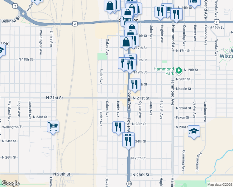map of restaurants, bars, coffee shops, grocery stores, and more near 2021 Banks Avenue in Superior