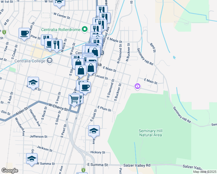 map of restaurants, bars, coffee shops, grocery stores, and more near 312 East Locust Street in Centralia
