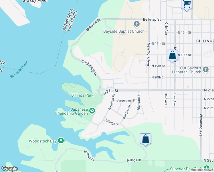 map of restaurants, bars, coffee shops, grocery stores, and more near 2320 East 5th Street in Superior