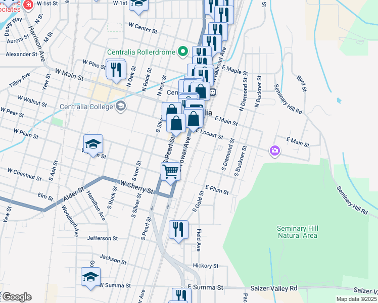 map of restaurants, bars, coffee shops, grocery stores, and more near 221 Washington 507 in Centralia