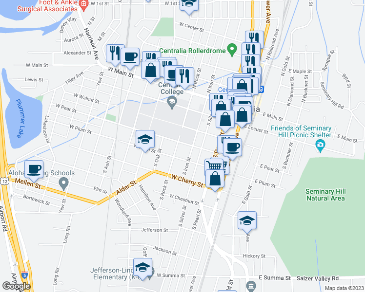 map of restaurants, bars, coffee shops, grocery stores, and more near 410 West Pear Street in Centralia