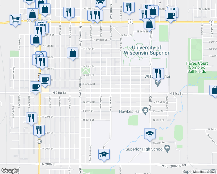 map of restaurants, bars, coffee shops, grocery stores, and more near 2025 Lamborn Avenue in Superior