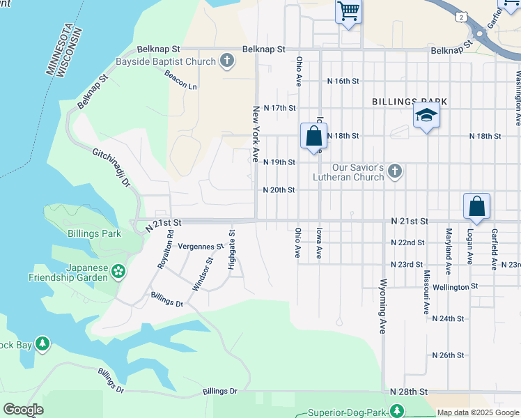 map of restaurants, bars, coffee shops, grocery stores, and more near 2022 New York Avenue in Superior
