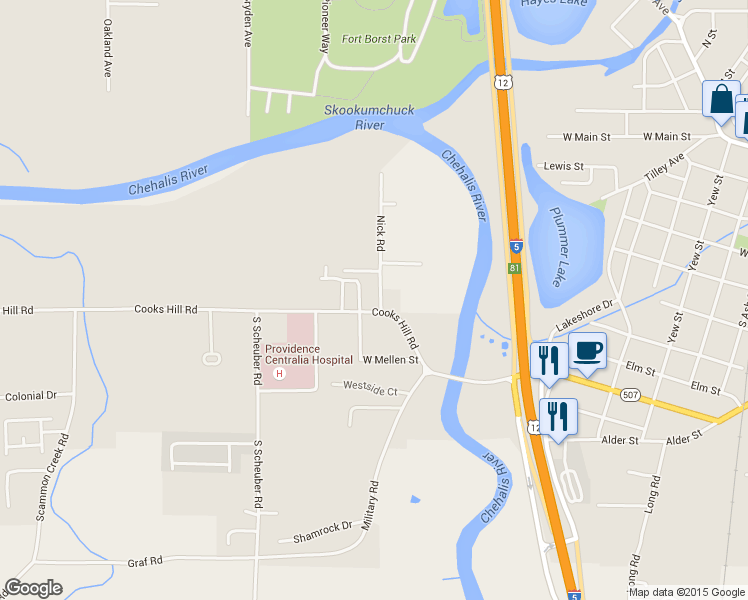 map of restaurants, bars, coffee shops, grocery stores, and more near 1707 Cooks Hill Road in Centralia