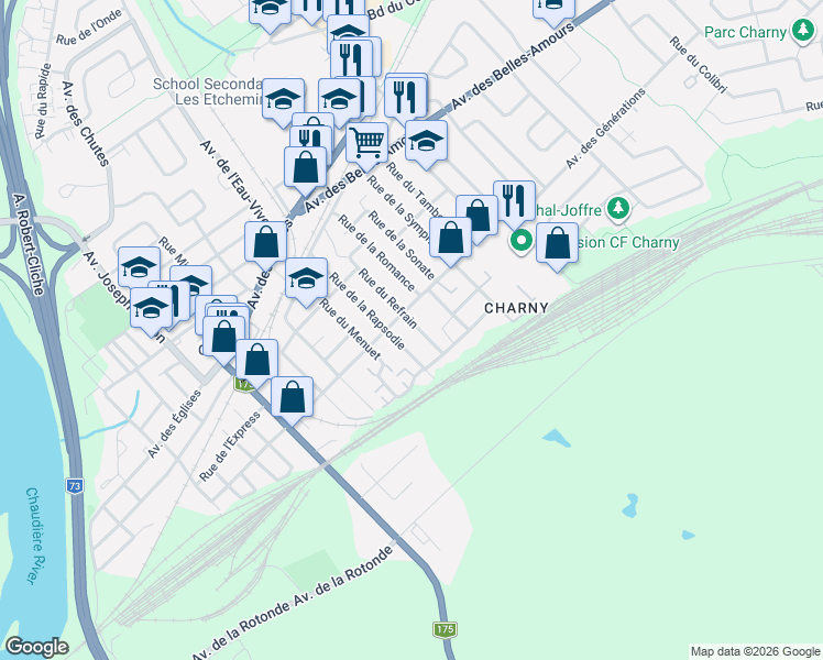 map of restaurants, bars, coffee shops, grocery stores, and more near 5384 Rue du Refrain in Lévis