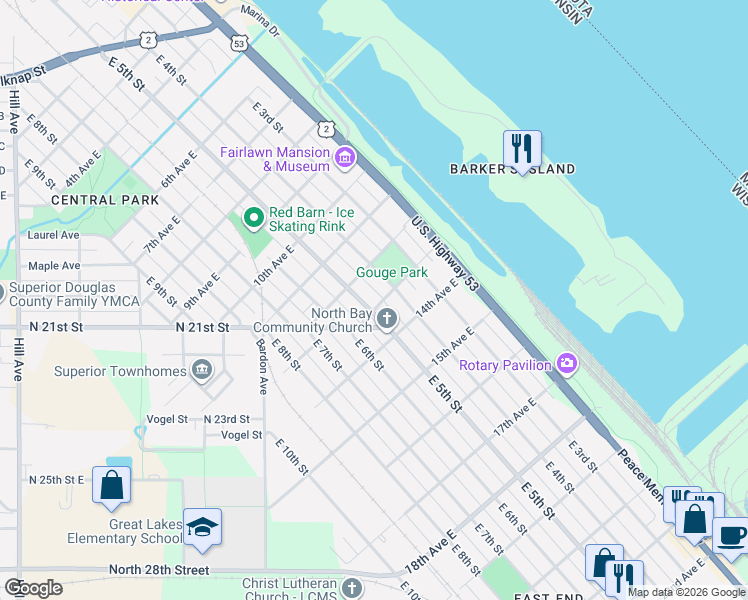 map of restaurants, bars, coffee shops, grocery stores, and more near 1201 East 5th Street in Superior