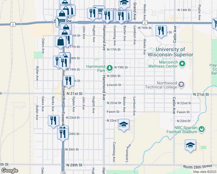 map of restaurants, bars, coffee shops, grocery stores, and more near 1307 Lincoln Street in Superior