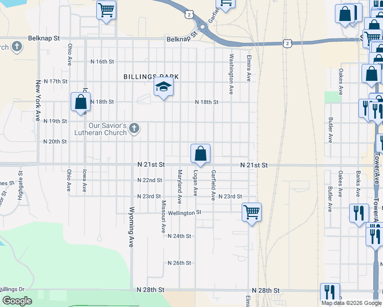 map of restaurants, bars, coffee shops, grocery stores, and more near 2001 Logan Avenue in Superior