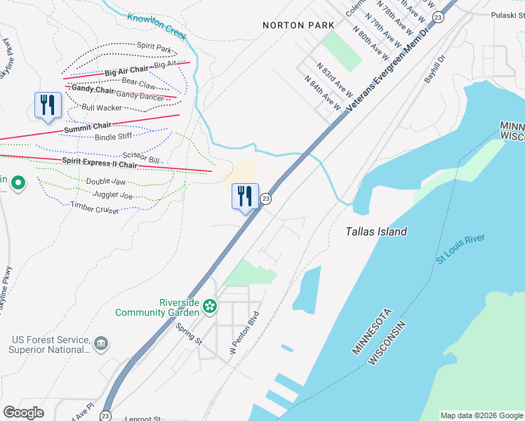 map of restaurants, bars, coffee shops, grocery stores, and more near 8554 Grand Avenue in Duluth