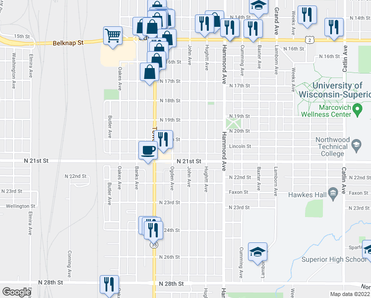 map of restaurants, bars, coffee shops, grocery stores, and more near 2013 John Avenue in Superior