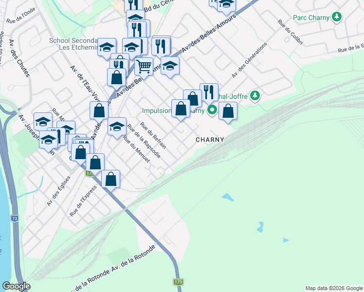 map of restaurants, bars, coffee shops, grocery stores, and more near 5368 Rue de la Sérénade in Levis