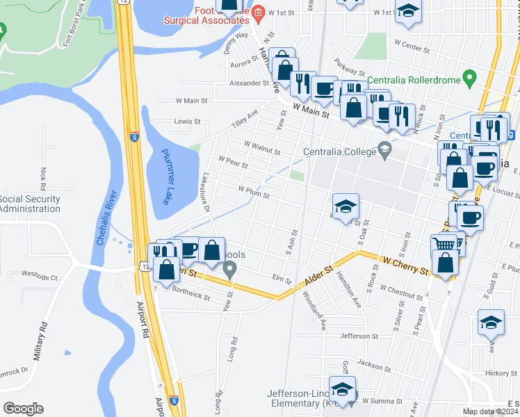 map of restaurants, bars, coffee shops, grocery stores, and more near 512 Yew Street in Centralia