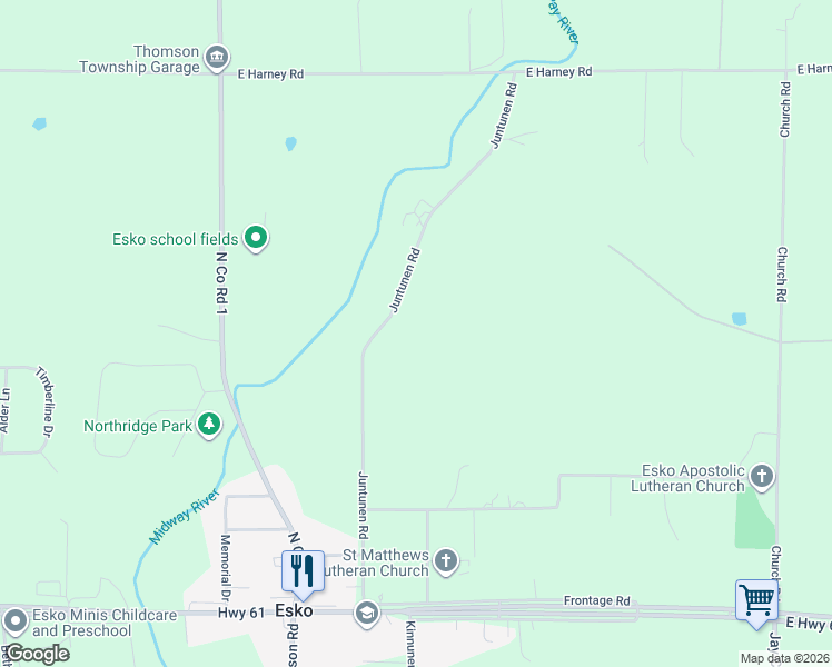 map of restaurants, bars, coffee shops, grocery stores, and more near 52 Juntunen Road in Esko