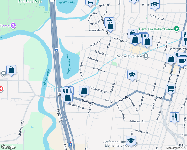 map of restaurants, bars, coffee shops, grocery stores, and more near 514 Hemlock Street in Centralia