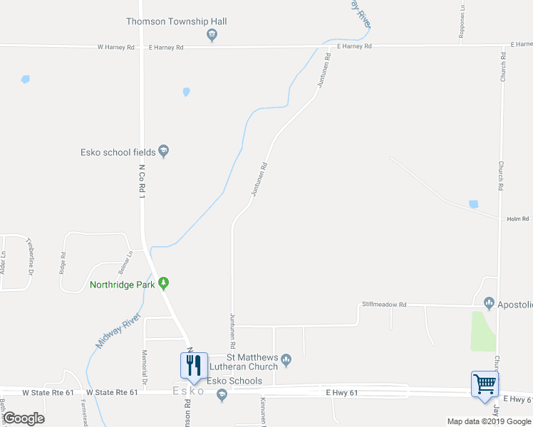 map of restaurants, bars, coffee shops, grocery stores, and more near 52 Juntunen Road in Esko
