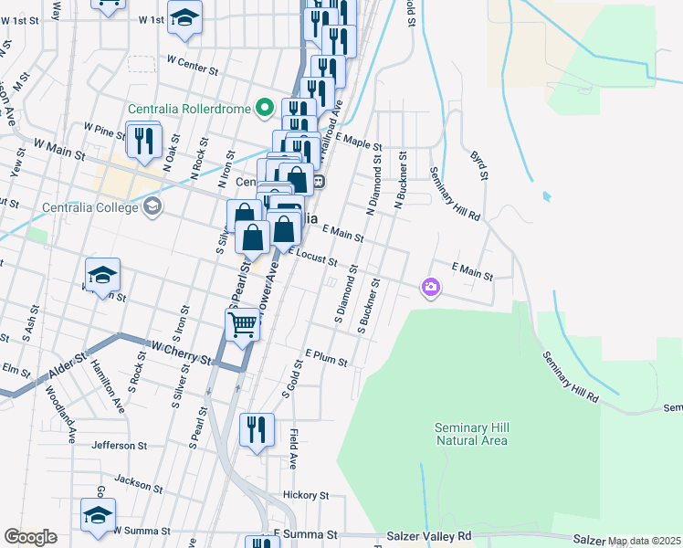 map of restaurants, bars, coffee shops, grocery stores, and more near 312 East Locust Street in Centralia