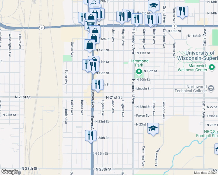 map of restaurants, bars, coffee shops, grocery stores, and more near 1610 North 20th Street in Superior