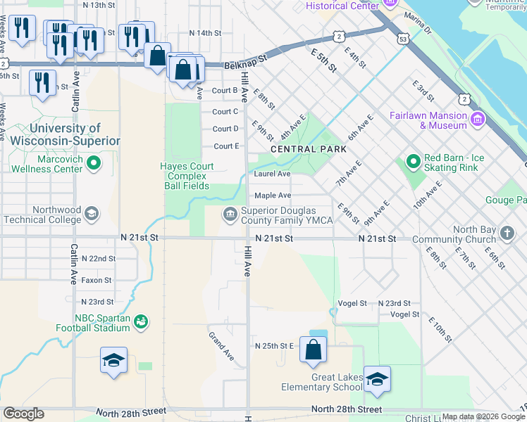 map of restaurants, bars, coffee shops, grocery stores, and more near 17 Norwood Avenue in Superior