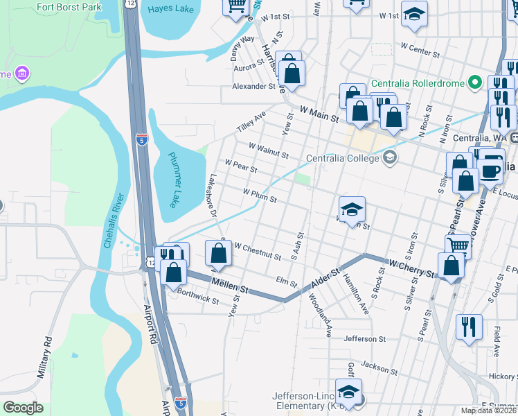 map of restaurants, bars, coffee shops, grocery stores, and more near 509 Yew Street in Centralia