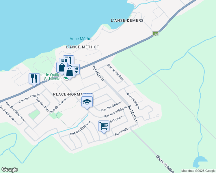 map of restaurants, bars, coffee shops, grocery stores, and more near 827 Rue des Pruches in Saint-Nicolas
