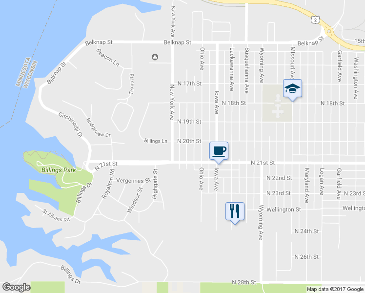 map of restaurants, bars, coffee shops, grocery stores, and more near 2009 Wisconsin Avenue in Superior