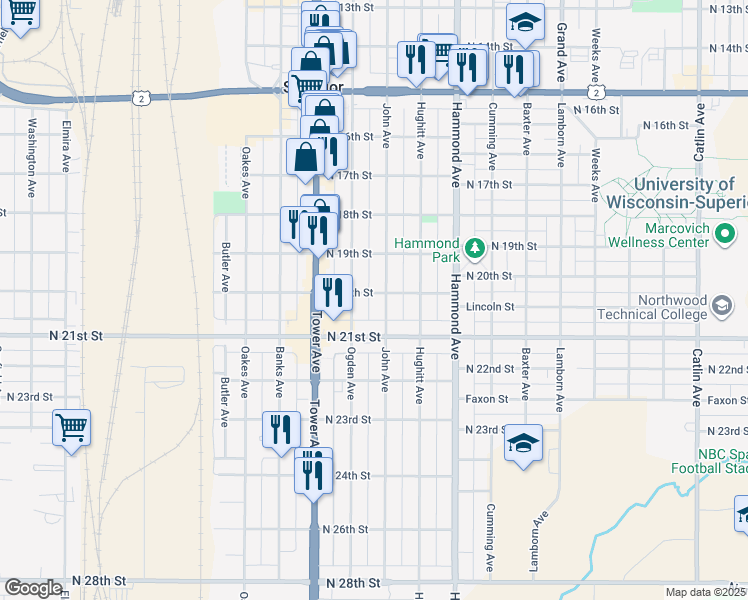 map of restaurants, bars, coffee shops, grocery stores, and more near 1610 North 20th Street in Superior
