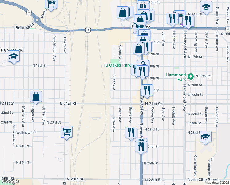 map of restaurants, bars, coffee shops, grocery stores, and more near 2006 Butler Avenue in Superior