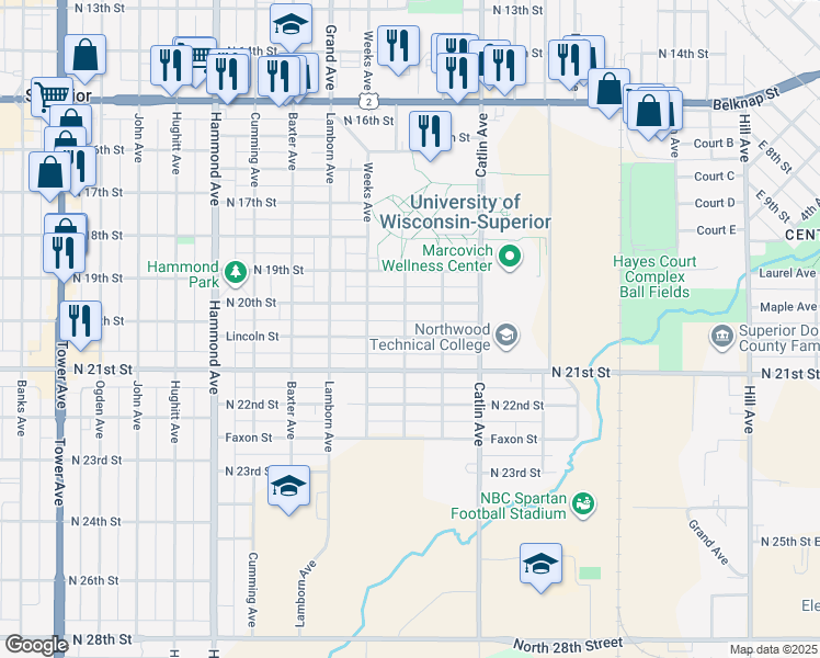 map of restaurants, bars, coffee shops, grocery stores, and more near 909 Lincoln Street in Superior