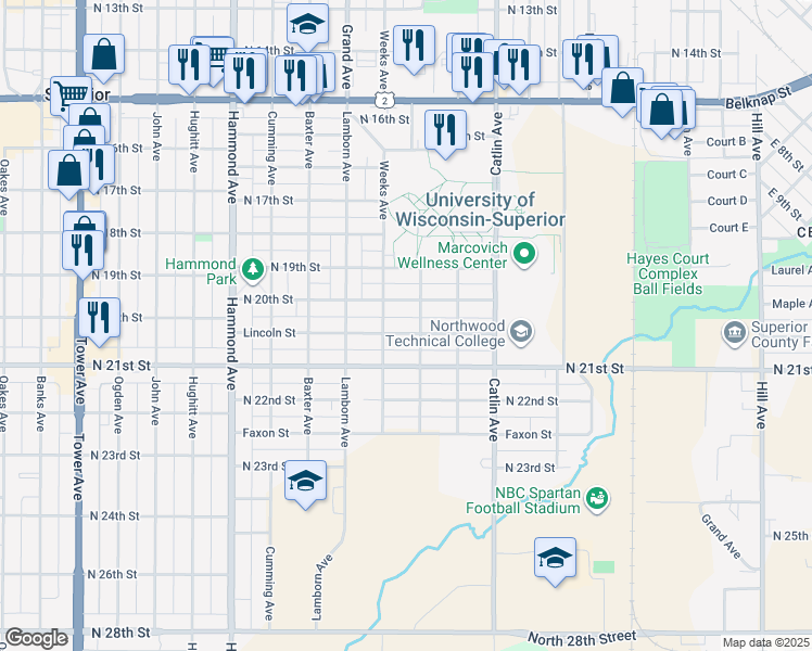 map of restaurants, bars, coffee shops, grocery stores, and more near 909 Lincoln Street in Superior