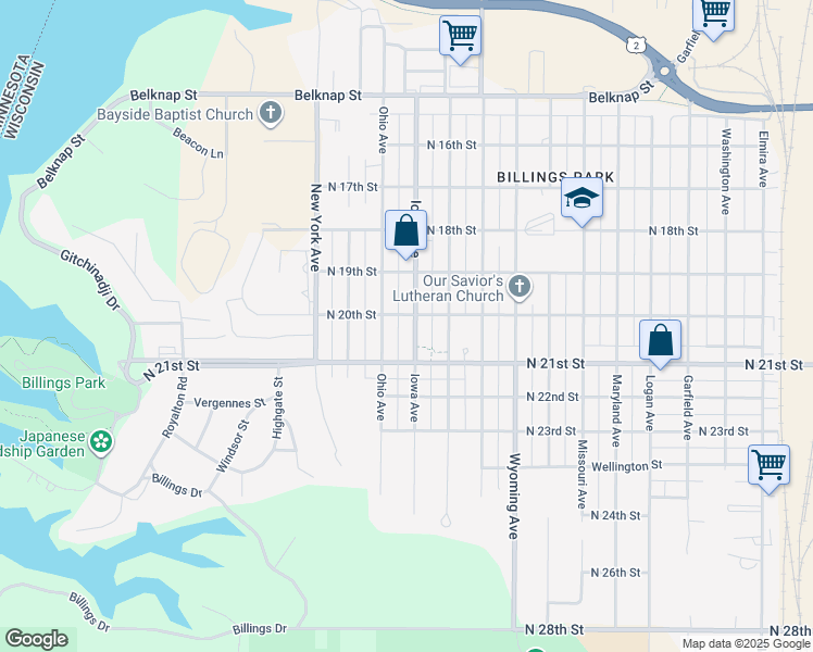 map of restaurants, bars, coffee shops, grocery stores, and more near 2007 Iowa Avenue in Superior