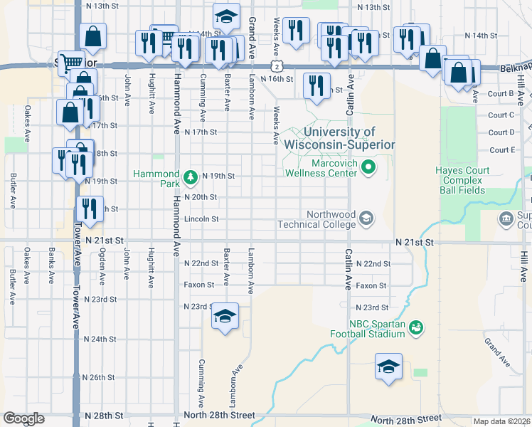 map of restaurants, bars, coffee shops, grocery stores, and more near 1009 Lincoln Street in Superior