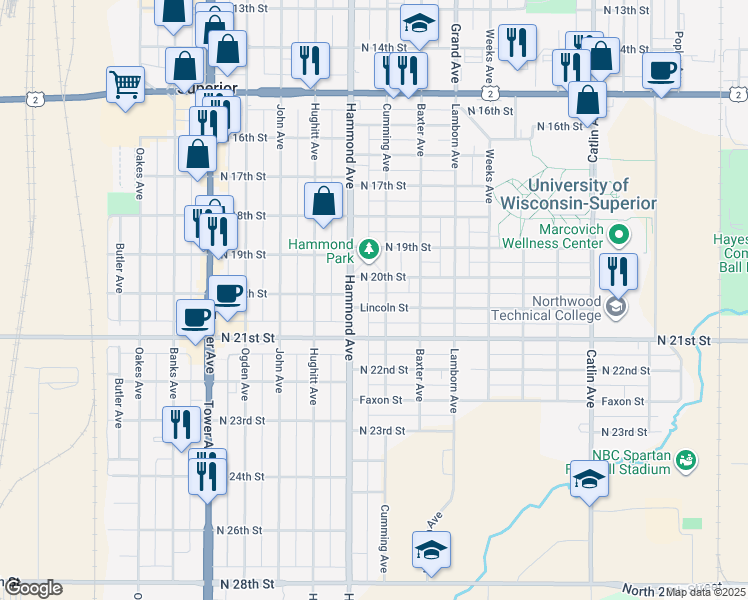map of restaurants, bars, coffee shops, grocery stores, and more near 1307 Lincoln Street in Superior