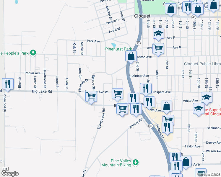 map of restaurants, bars, coffee shops, grocery stores, and more near 876 Chestnut Street in Cloquet
