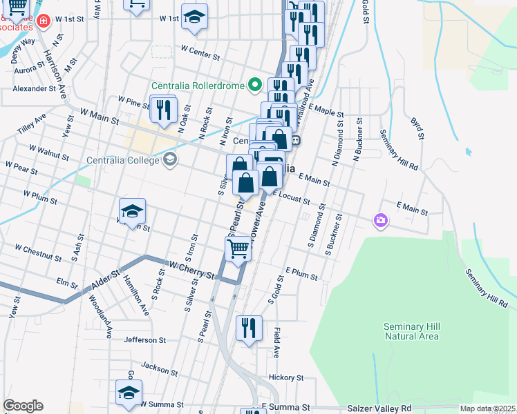 map of restaurants, bars, coffee shops, grocery stores, and more near 221 Washington 507 in Centralia