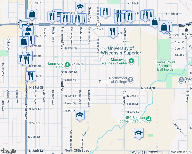 map of restaurants, bars, coffee shops, grocery stores, and more near 1009 Lincoln Street in Superior