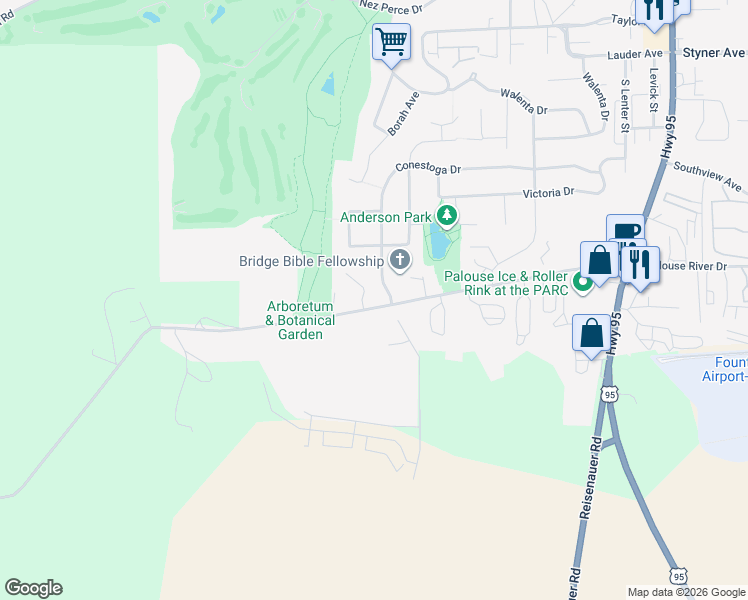 map of restaurants, bars, coffee shops, grocery stores, and more near 1004 West Palouse River Drive in Moscow