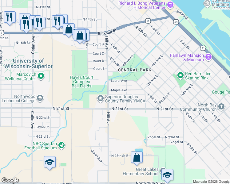 map of restaurants, bars, coffee shops, grocery stores, and more near 17 Norwood Avenue in Superior