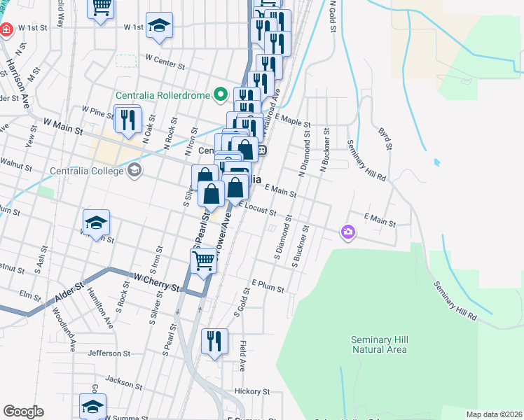 map of restaurants, bars, coffee shops, grocery stores, and more near 214 East Locust Street in Centralia