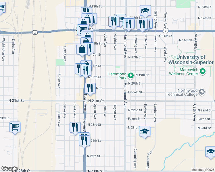 map of restaurants, bars, coffee shops, grocery stores, and more near 1924 John Avenue in Superior