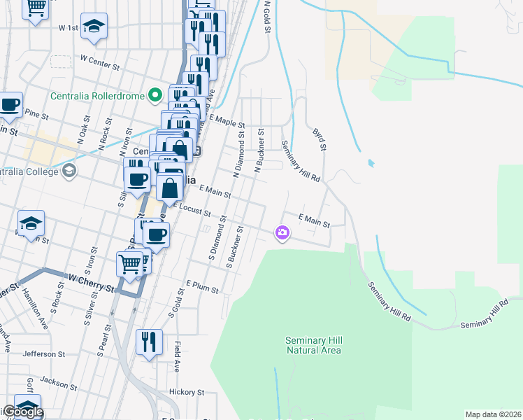 map of restaurants, bars, coffee shops, grocery stores, and more near 524 East Main Street in Centralia