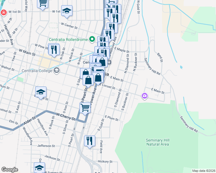 map of restaurants, bars, coffee shops, grocery stores, and more near 214 East Locust Street in Centralia