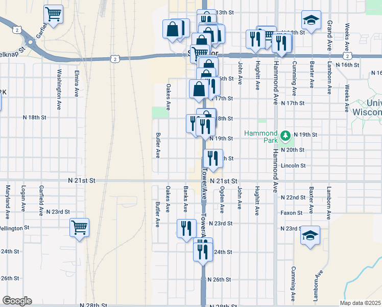 map of restaurants, bars, coffee shops, grocery stores, and more near 2001 Tower Avenue in Superior