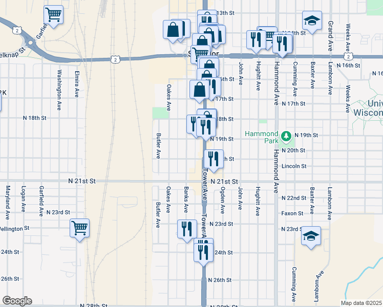 map of restaurants, bars, coffee shops, grocery stores, and more near 2001 Tower Avenue in Superior